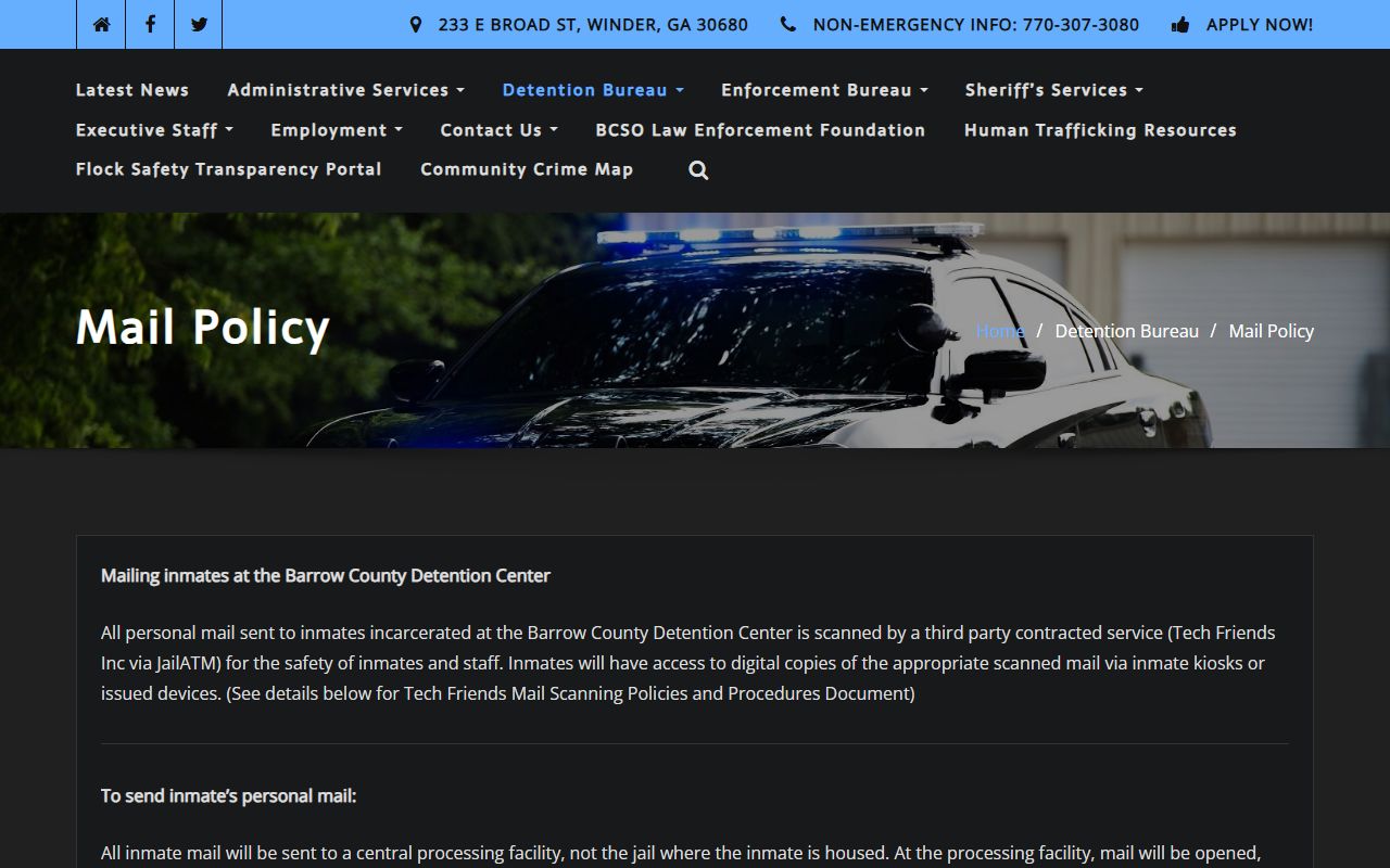 Barrow County Detention Center inmate mail policy and scanned mail rules